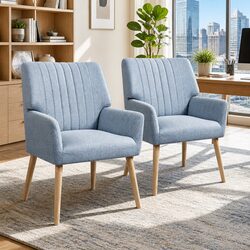 Quality Grey Faux Fabric Armchairs with Wooden Legs