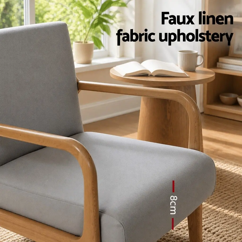 Light Grey Fabric Armchair with Rubber Wood Legs