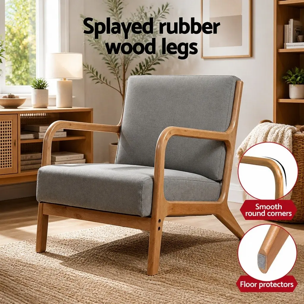 Light Grey Fabric Armchair with Rubber Wood Legs