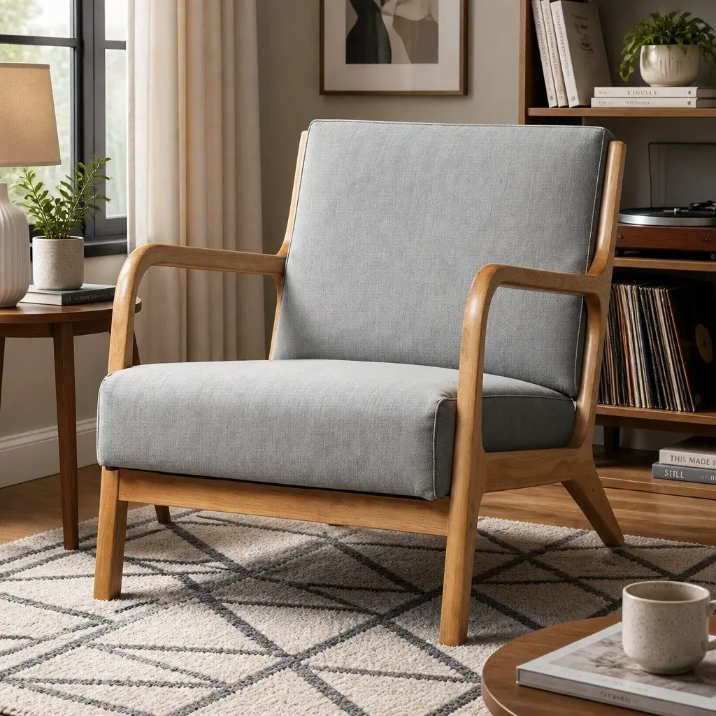 Light Grey Fabric Armchair with Rubber Wood Legs