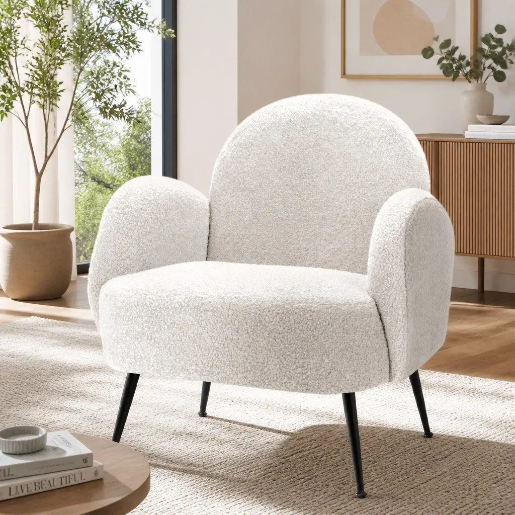Armchair Sherpa Fabric White High-Resilience Foam Steel Legs 64cm W x 70cm D x 74cm H