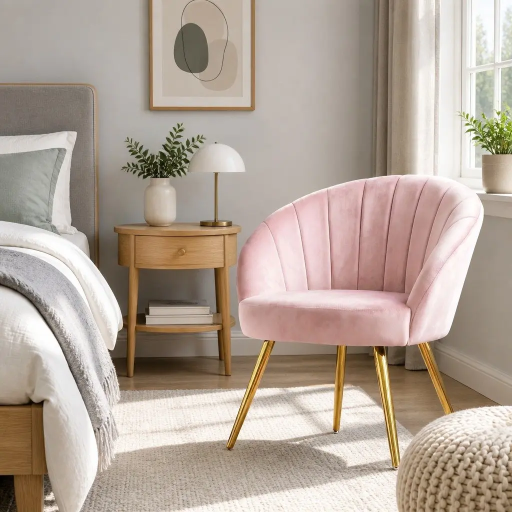 Pink Velvet Armchair with High Resilience Foam and Splayed Legs