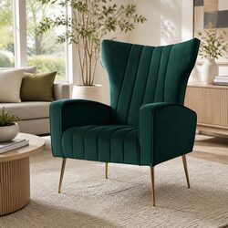 Green Velvet High Back Armchair with Sturdy Metal Legs