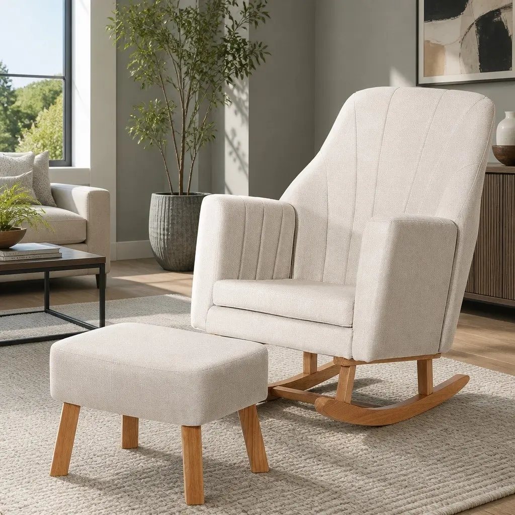 Rocking Chair Linen Fabric Beige with Footrest
