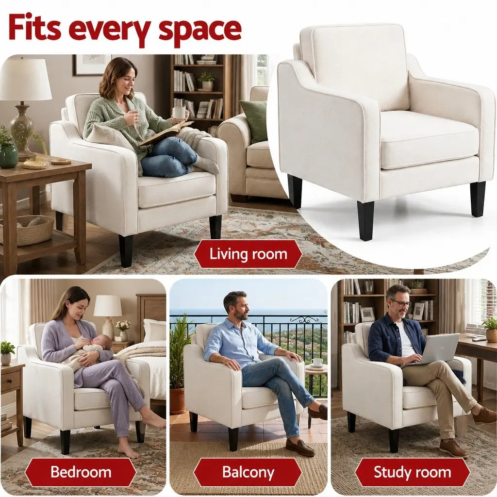 Armchair Linen Fabric 75cm W x 84cm D x 92cm H White