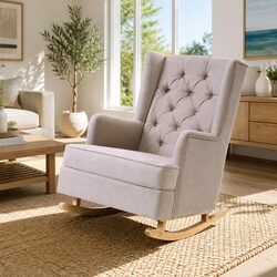 Beige Linen Fabric Rocking Chair with Wingback Design