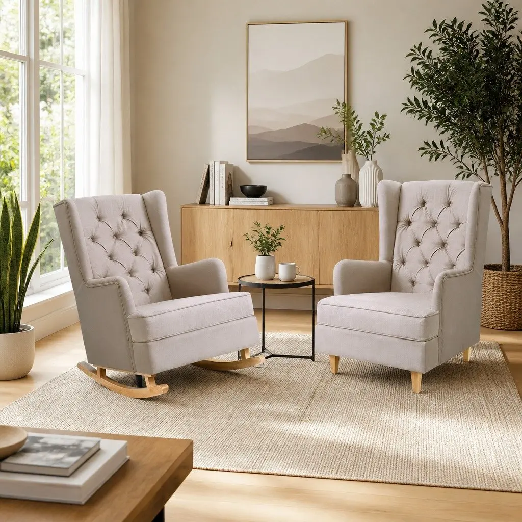 Rocking Chair Armchair Beige Linen Fabric Convertible Stationary Wingback Design
