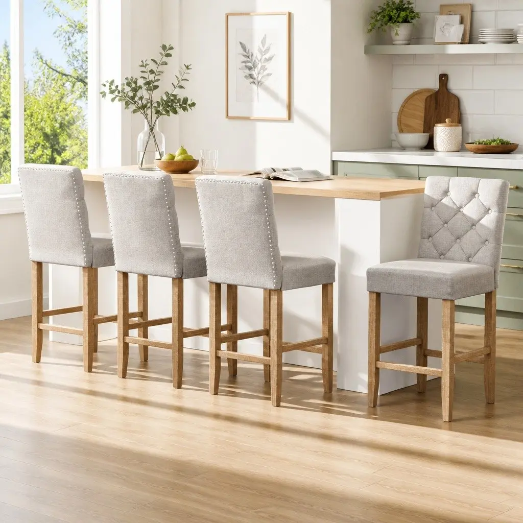Linen Upholstered High Back Bar Stools Set of 4