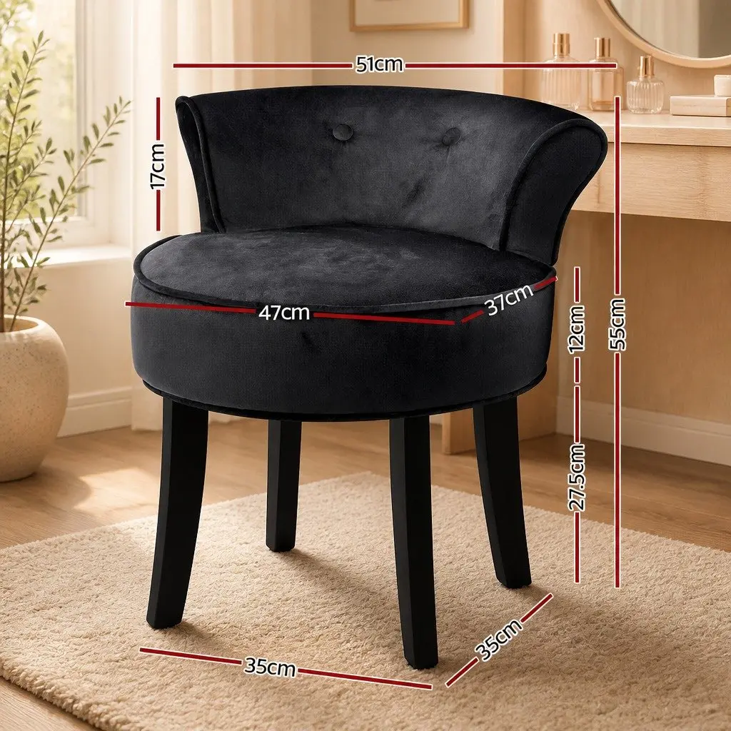 Vanity Stool Velvet Black Button Tufted Backrest Padded Seat