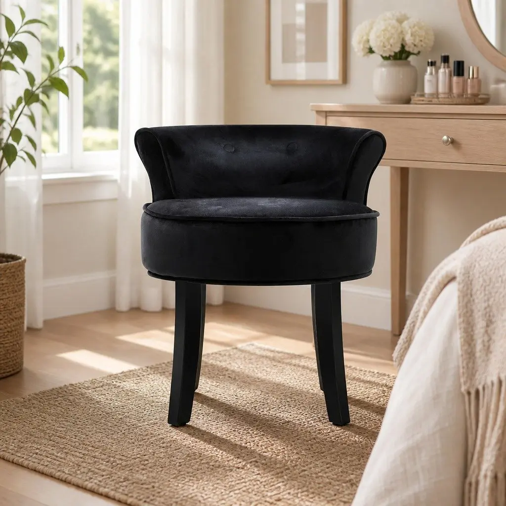 Vanity Stool Velvet Black Button Tufted Backrest Padded Seat