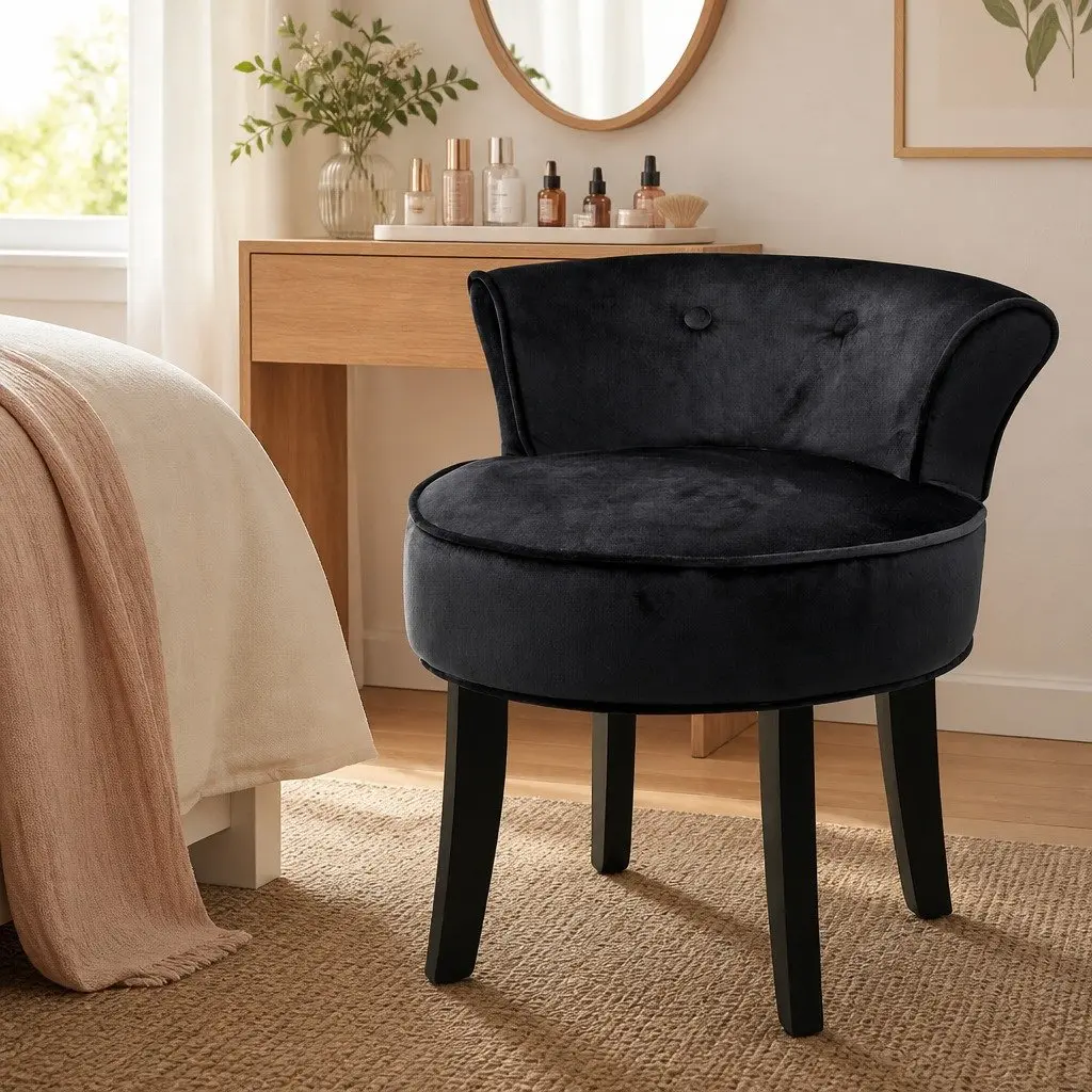 Vanity Stool Velvet Black Button Tufted Backrest Padded Seat