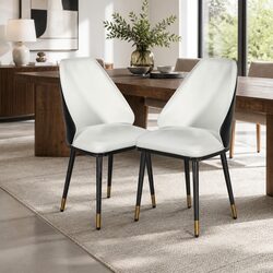 Dining Chairs Set of 2 Beige Black Leather Seat Steel Legs Contoured Backrest