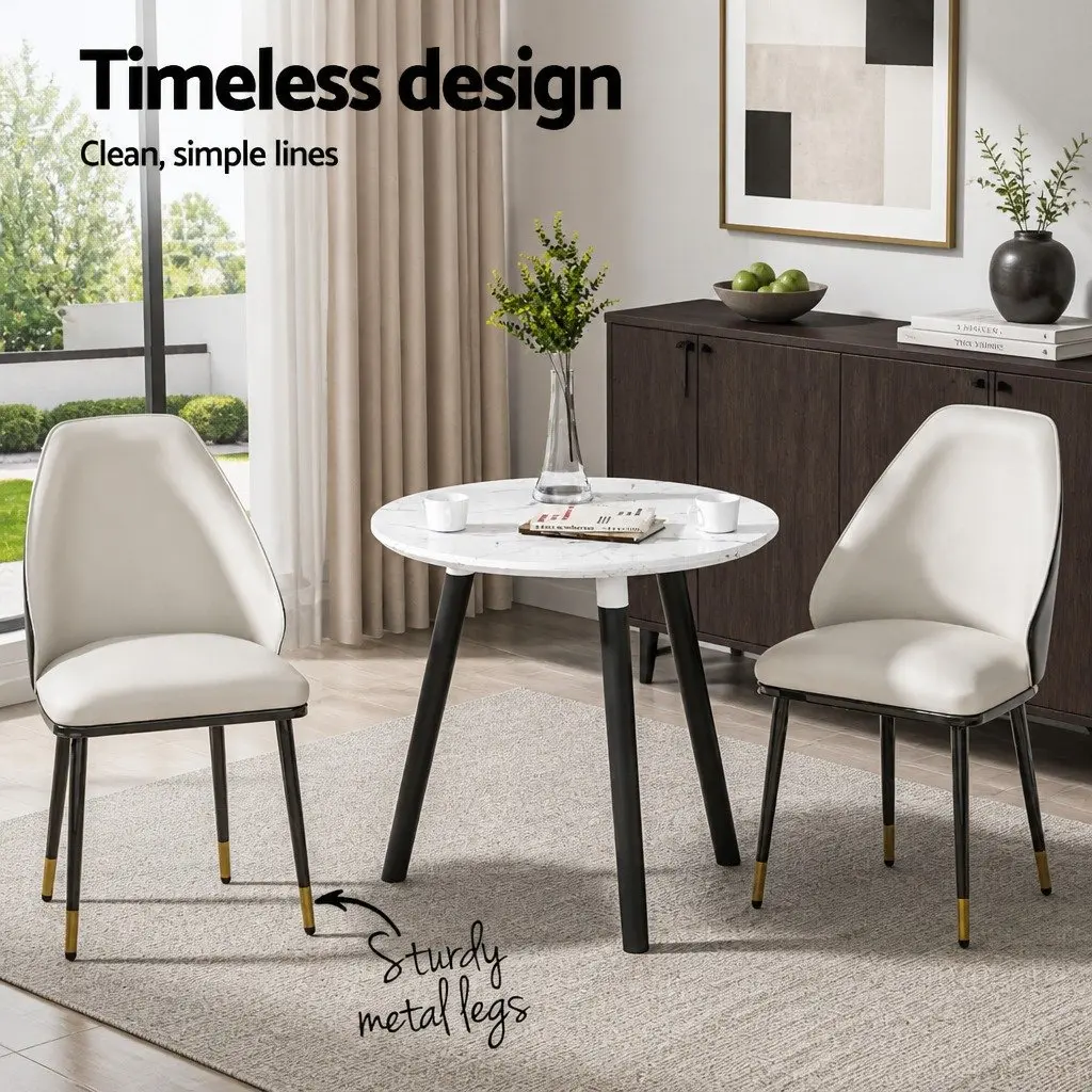 Dining Chairs PU Leather Beige Black Steel Legs 2 Piece Contoured Backrest