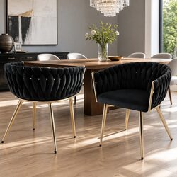 Set of 2 Black Velvet Dining Chairs with Armrests