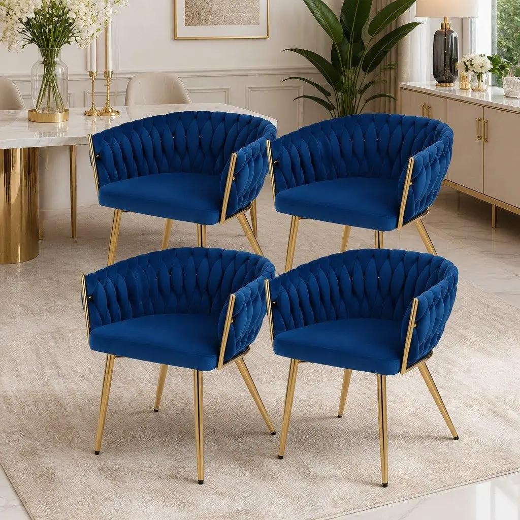 Set of 4 Blue Velvet Dining Chairs with Hand-Woven Backrest