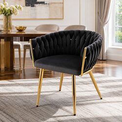 Elegant Black Velvet Dining Armchair with Hand-Woven Backrest