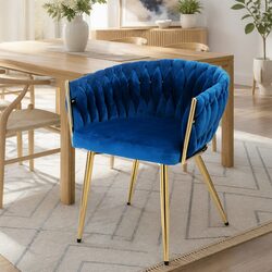 Hand-Woven Backrest Velvet Dining Armchair