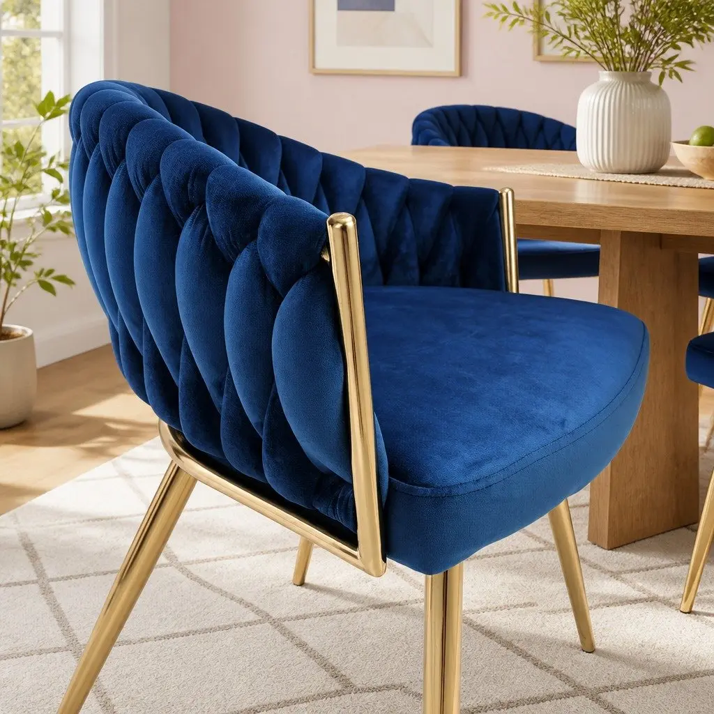 Hand-Woven Backrest Velvet Dining Armchair
