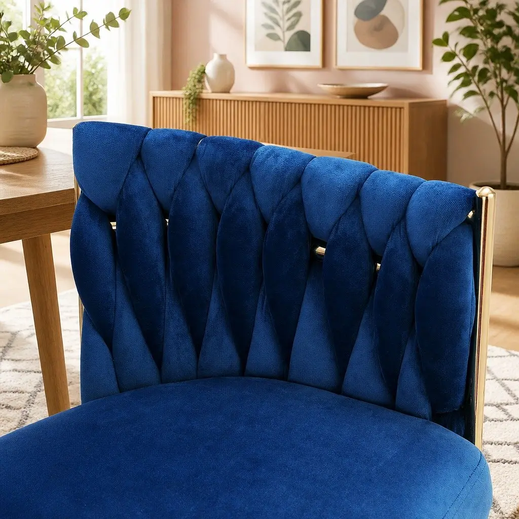 Hand-Woven Backrest Velvet Dining Armchair