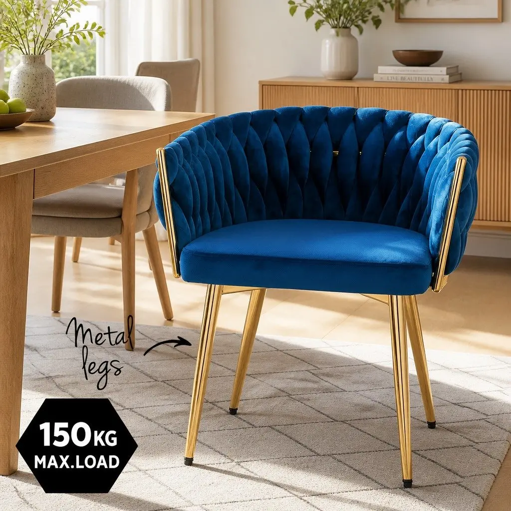 Hand-Woven Backrest Velvet Dining Armchair