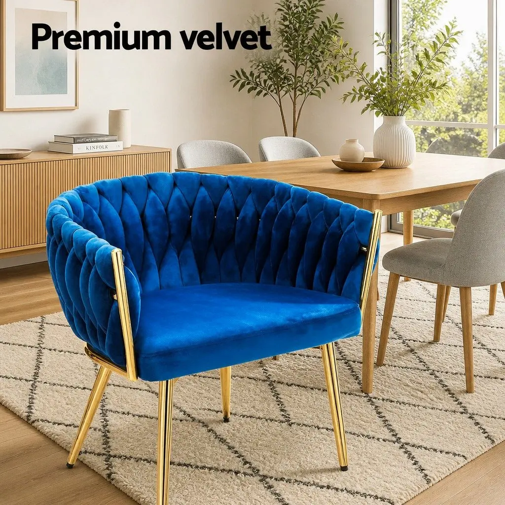 Hand-Woven Backrest Velvet Dining Armchair
