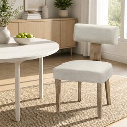 Set of 2 Sturdy Beige Linen Dining Chairs with Wooden Frame