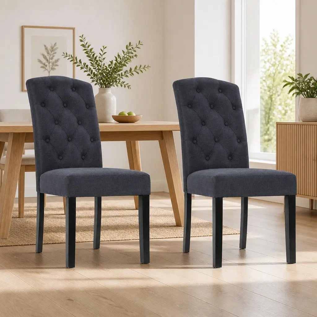 Set of 2 Dark Grey Tufted Dining Chairs with Linen Upholstery