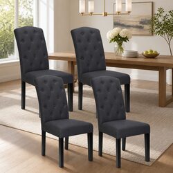 Set of 4 Grey Linen Dining Chairs with Tufted Design