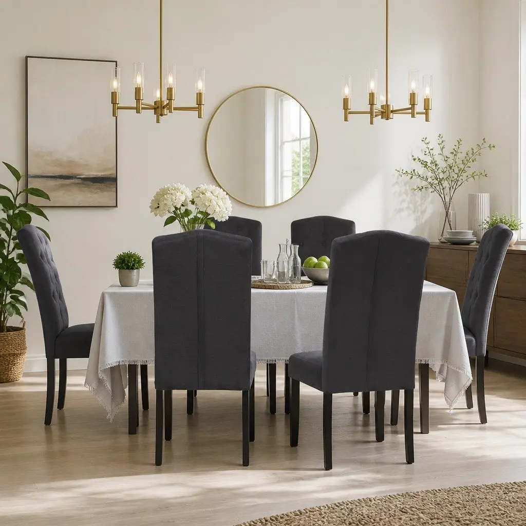 Dining Chairs Linen Fabric 53cm W x 50cm D x 104cm H Dark Grey Set of 4