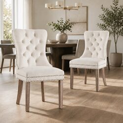 Set of 2 Beige Velvet Dining Chairs with Button Tufting
