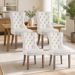 Set of 4 Beige Velvet Dining Chairs with Button Tufting