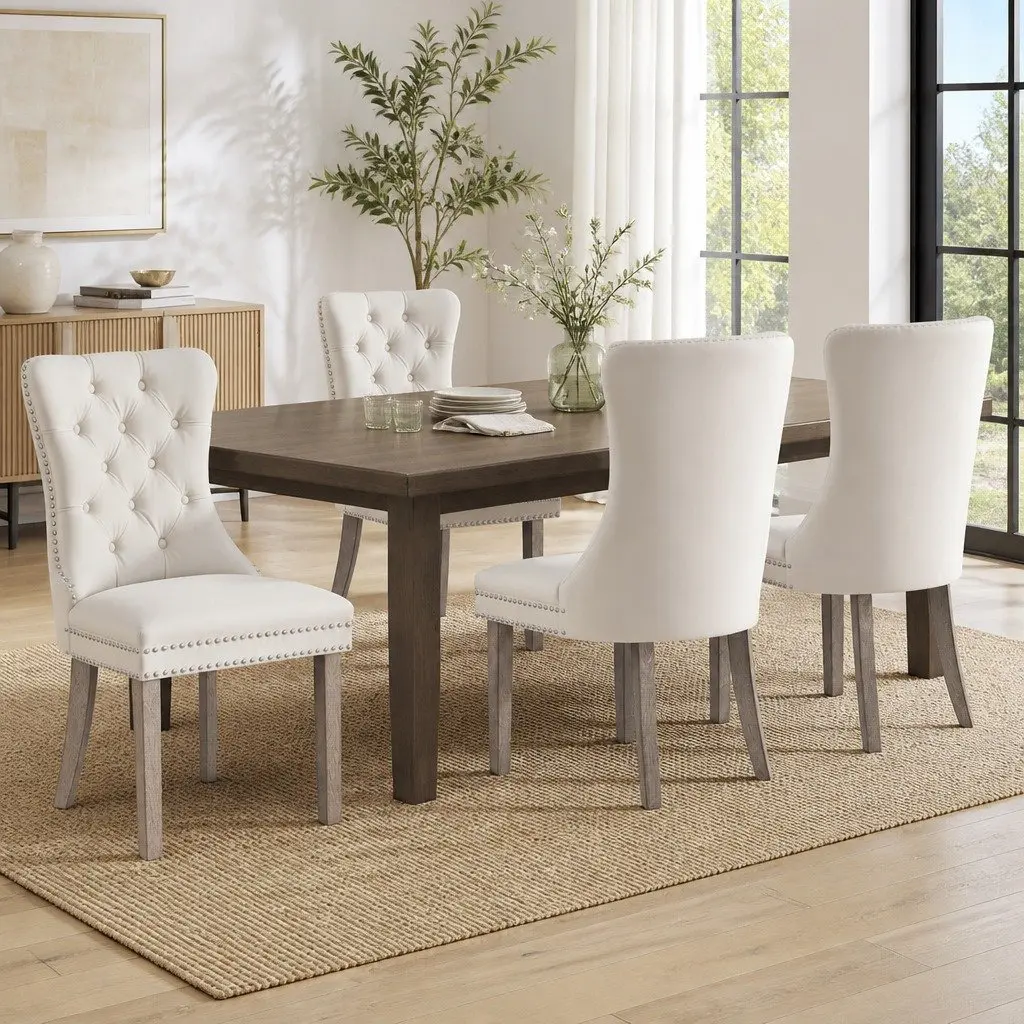Set of 4 Beige Velvet Dining Chairs with Button Tufting