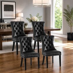 Set of 4 Black PU Leather Dining Chairs with Button Tufting