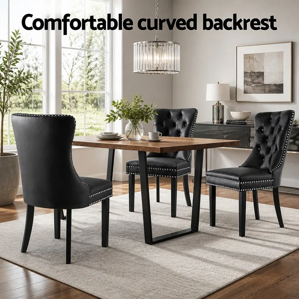 Dining Chairs PU Leather Black Set of 4 Button Tufted Kitchen Seating