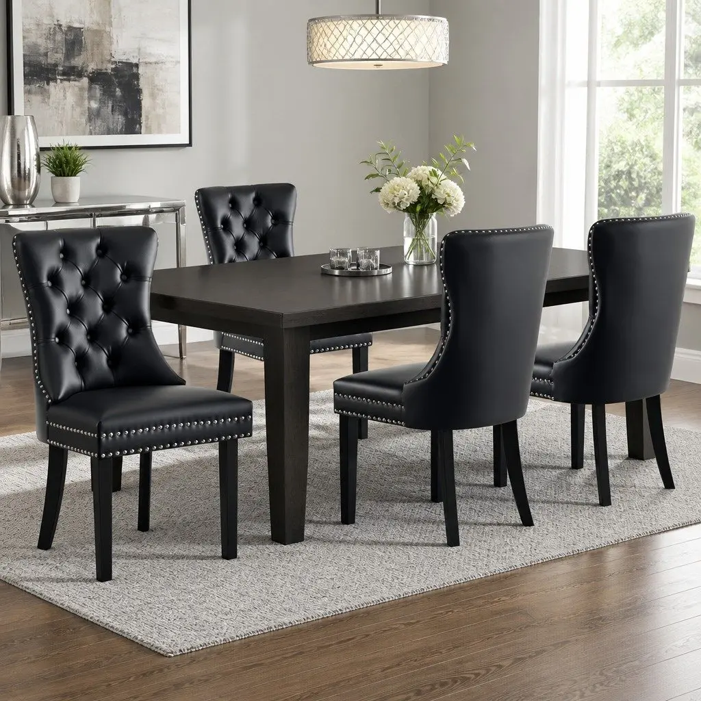 Dining Chairs PU Leather Black Set of 4 Button Tufted Kitchen Seating
