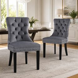 Grey Velvet Dining Chairs Set of 2 with Button Tufting