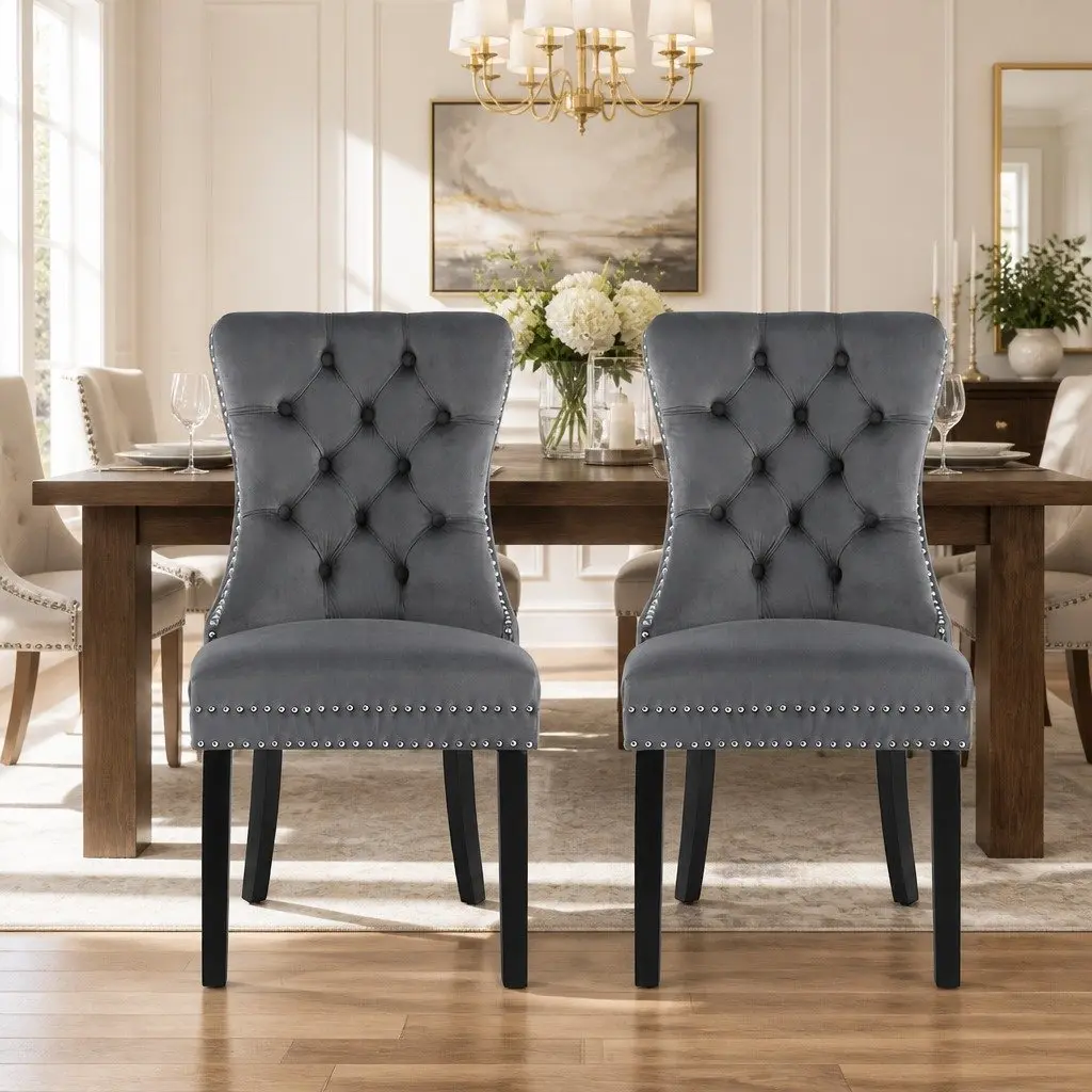 Dining Chairs Velvet Grey 2 Piece Button Tufted Upholstered Kitchen Seating