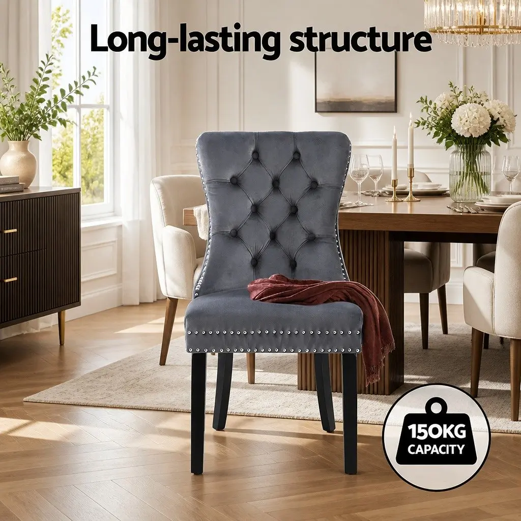 Dining Chairs Velvet Grey 2 Piece Button Tufted Upholstered Kitchen Seating