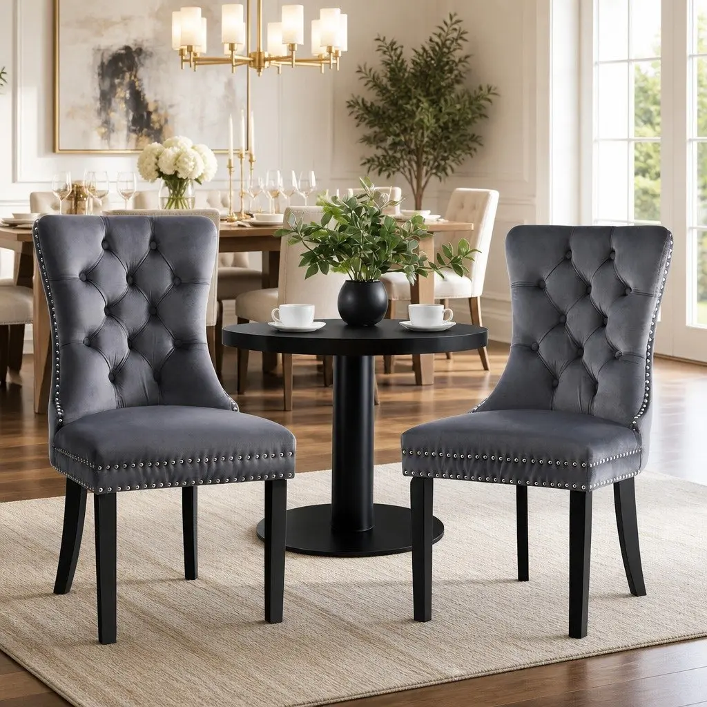 Dining Chairs Velvet Grey 2 Piece Button Tufted Upholstered Kitchen Seating