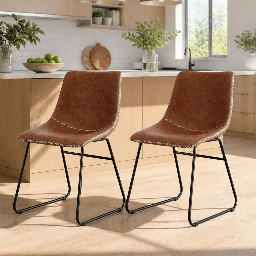 Brown PU Leather Retro Dining Chairs with Metal Legs x2