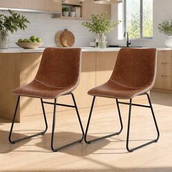 Brown PU Leather Retro Dining Chairs with Metal Legs x2