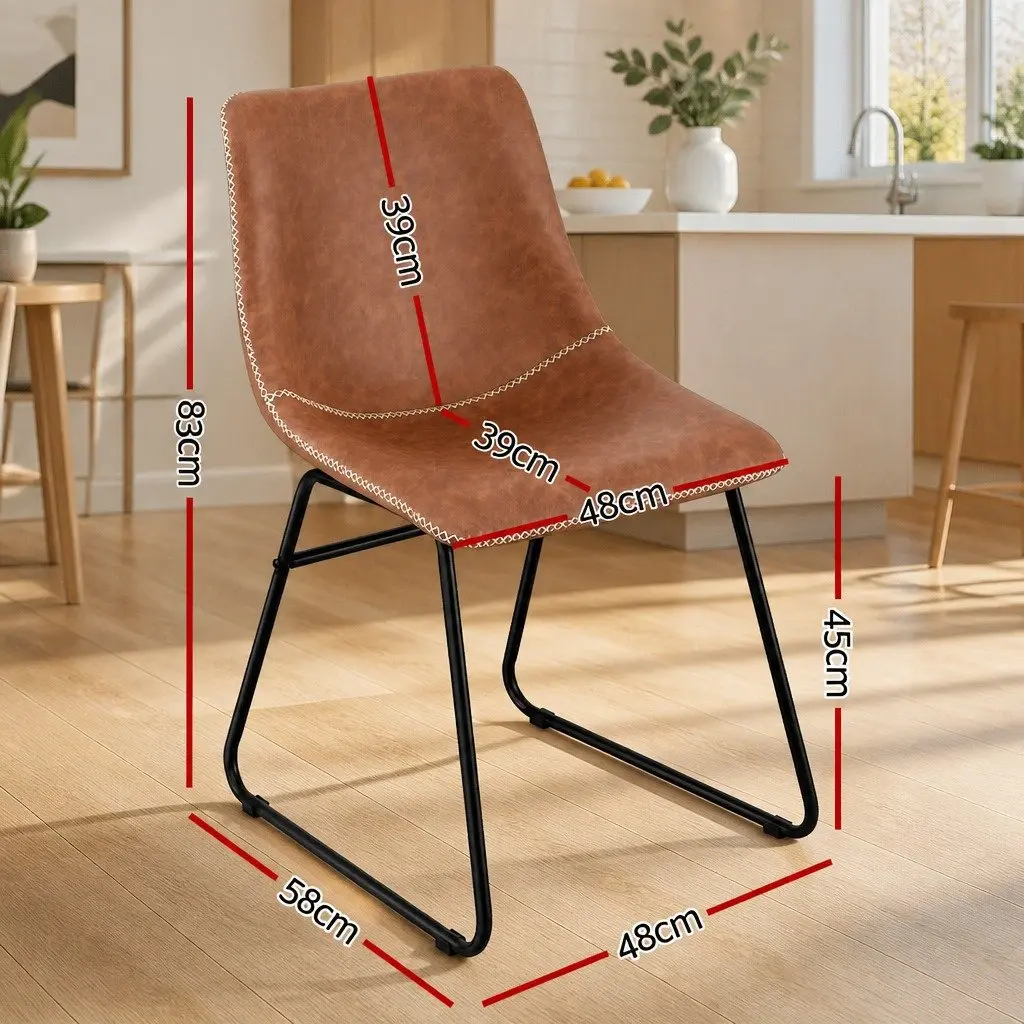 Brown PU Leather Retro Dining Chairs with Metal Legs x2