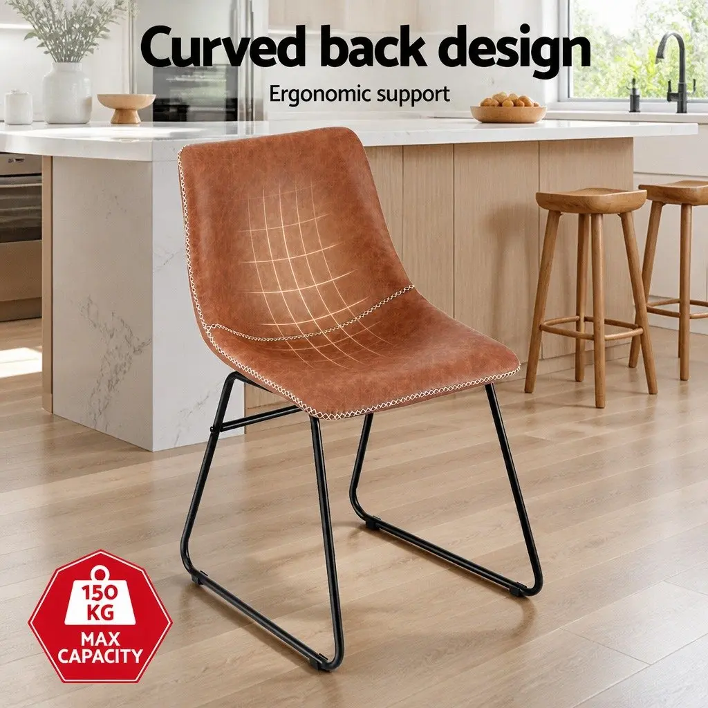 Brown PU Leather Retro Dining Chairs with Metal Legs x2