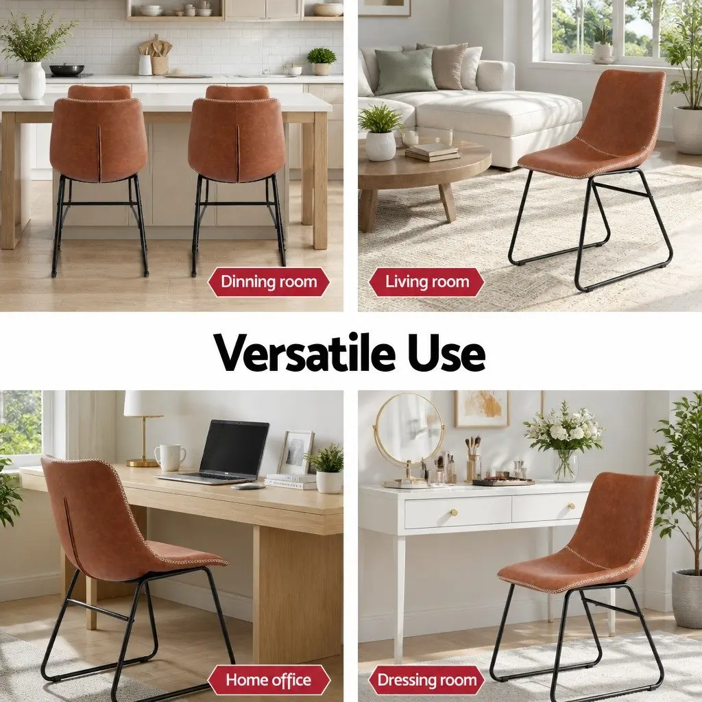 Brown PU Leather Retro Dining Chairs with Metal Legs x2