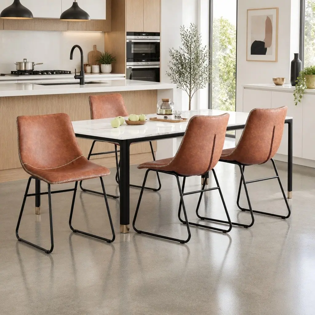 Dining Chairs PU Leather Brown 4 Piece Retro Kitchen Lounge Accent Seating