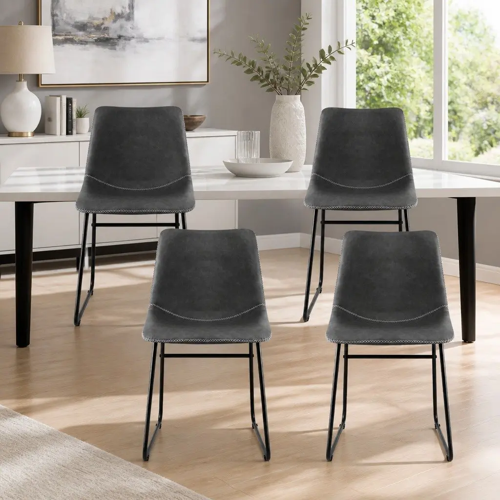 Dining Chairs PU Leather Grey 4 Piece Metal Sled Legs