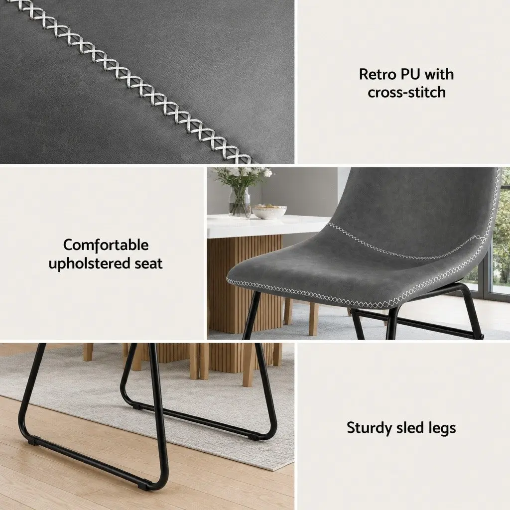 Dining Chairs PU Leather Grey 4 Piece Metal Sled Legs