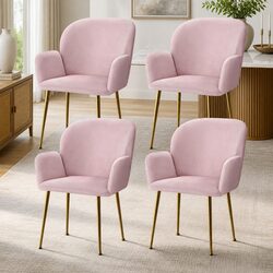 Elegant Set of 4 Pink Velvet Dining Chairs with Armrests
