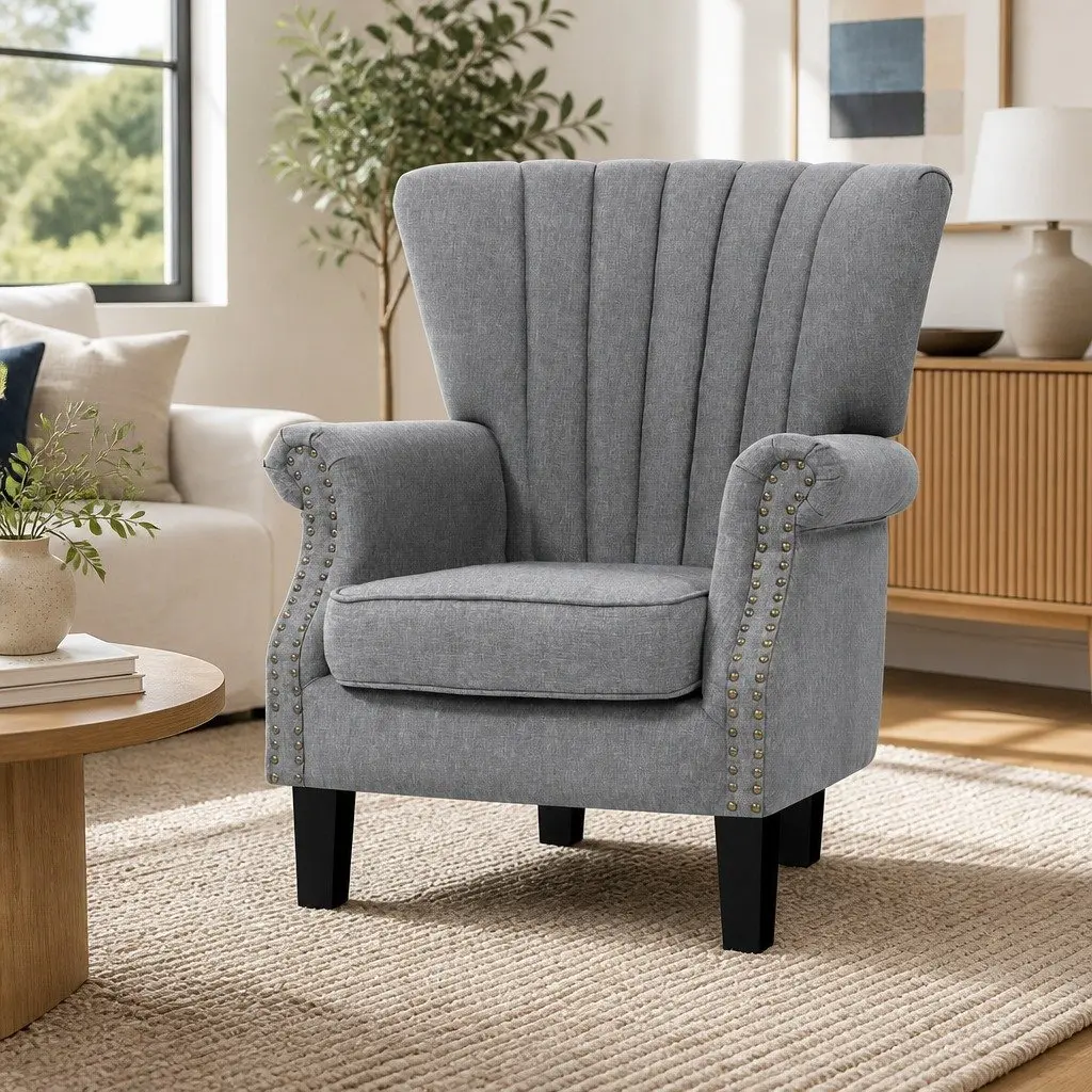 Full-Size Grey Wingback Armchair with Button Studs