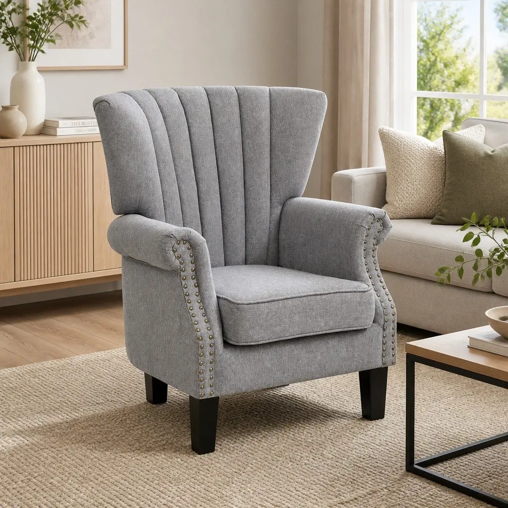 Full-Size Grey Wingback Armchair with Button Studs
